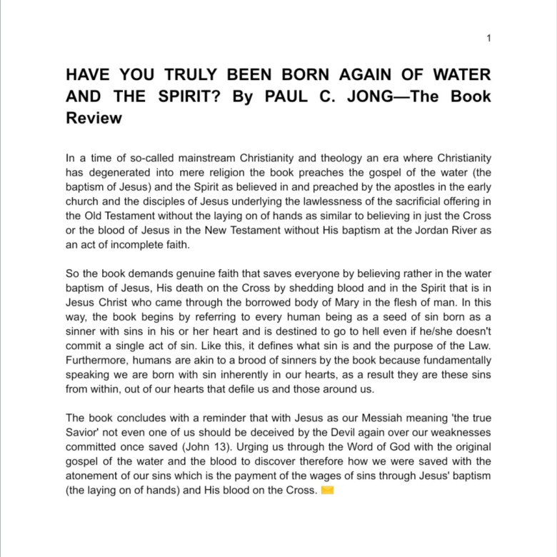 HAVE YOU TRULY BEEN BORN AGAIN OF WATER AND THE SPIRIT? By PAUL C. JONG—The Book Review