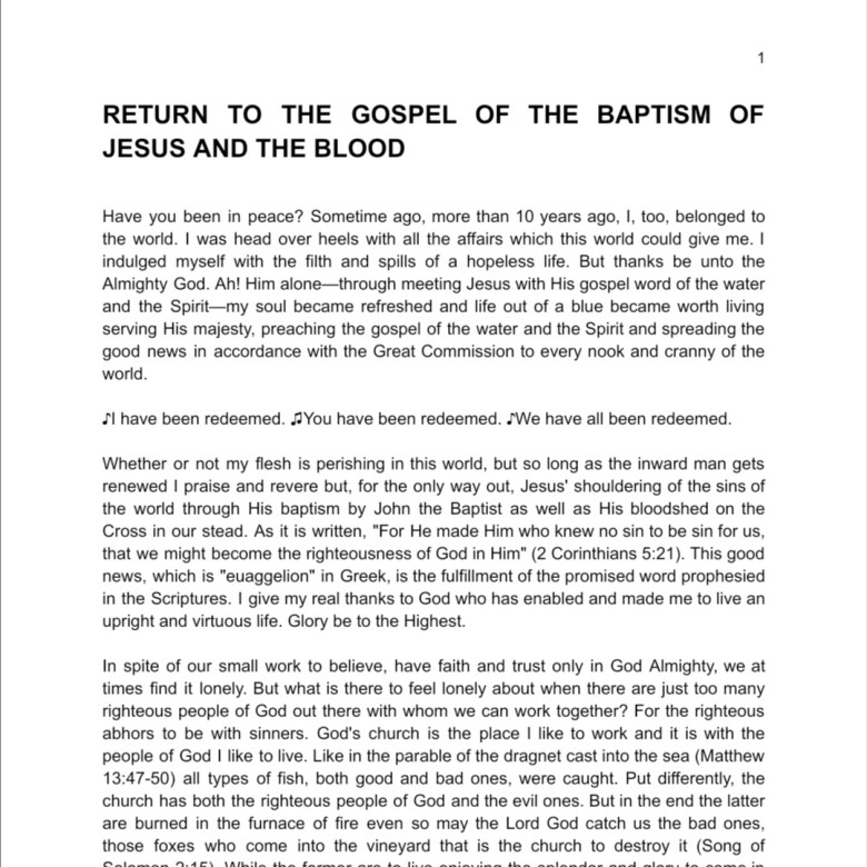 RETURN TO THE GOSPEL OF THE BAPTISM OF JESUS AND THE BLOOD